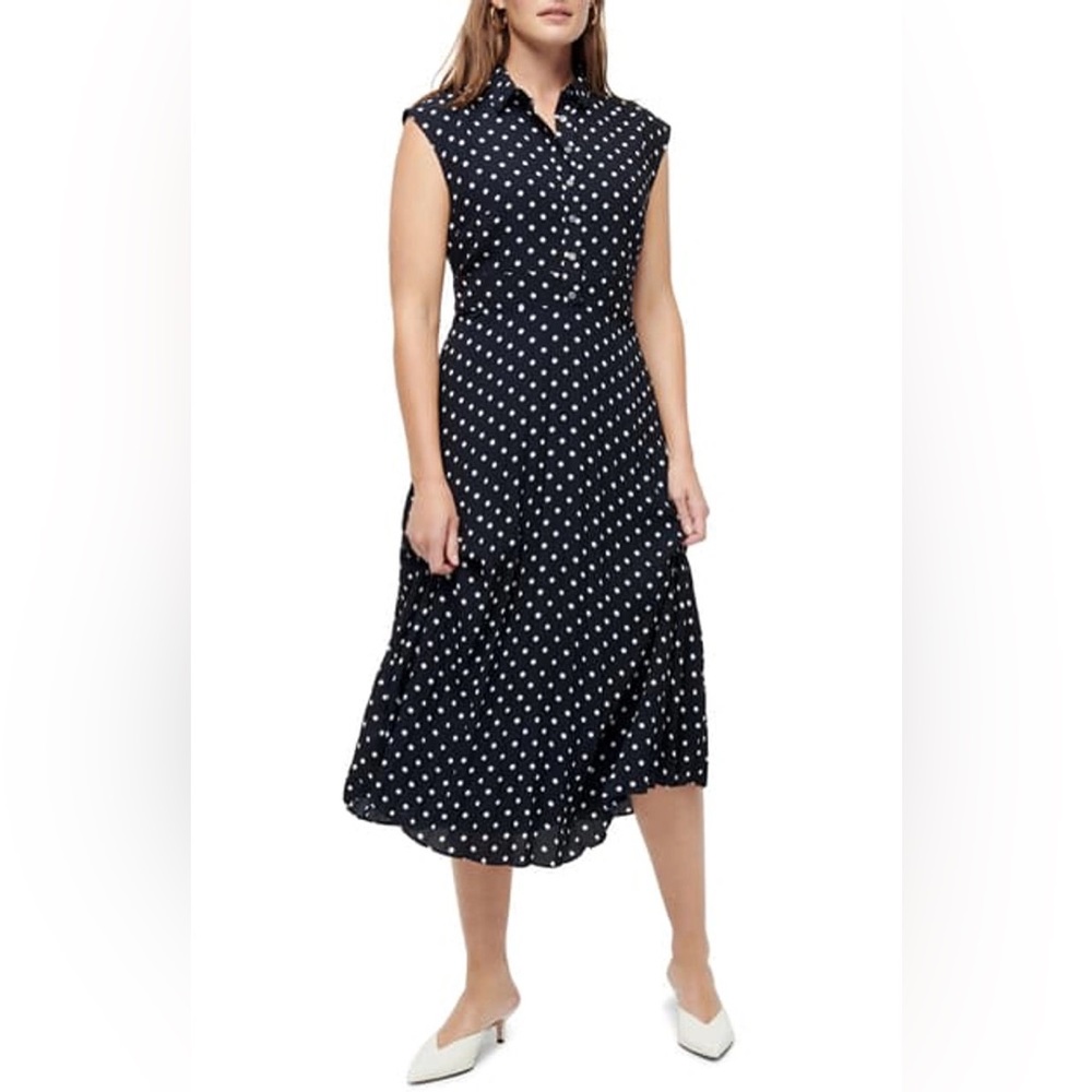 JCrew Midi Shirtdress with Pleated Skirt in Dot Print Navy Ivory Sz0 AC891